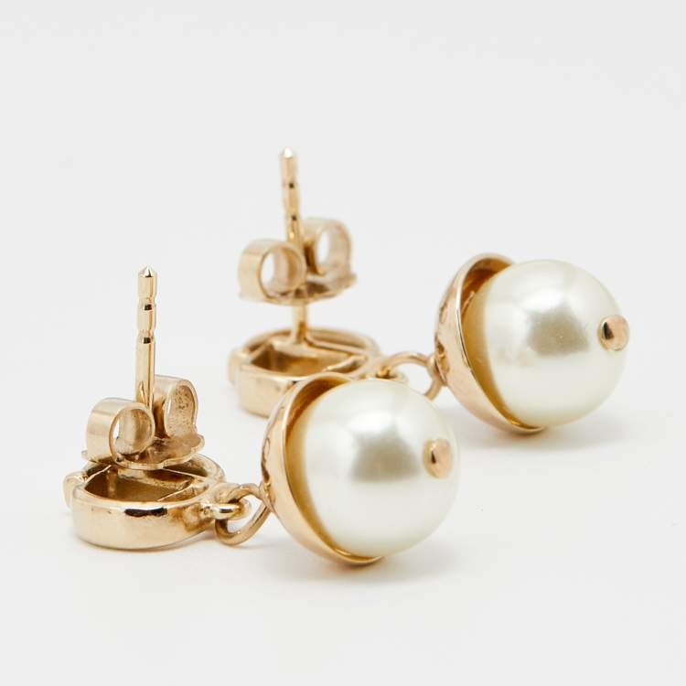 Pre Owned Dior Gold Tone CD Faux Pearl Drop Earrings