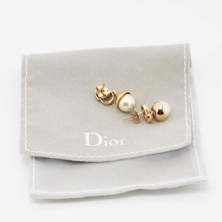 Pre Owned Dior Gold Tone CD Faux Pearl Drop Earrings