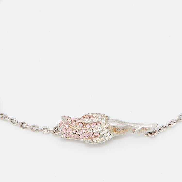 Pre Owned Dior Silver Tone Crystal Studded Rose Chain Necklace