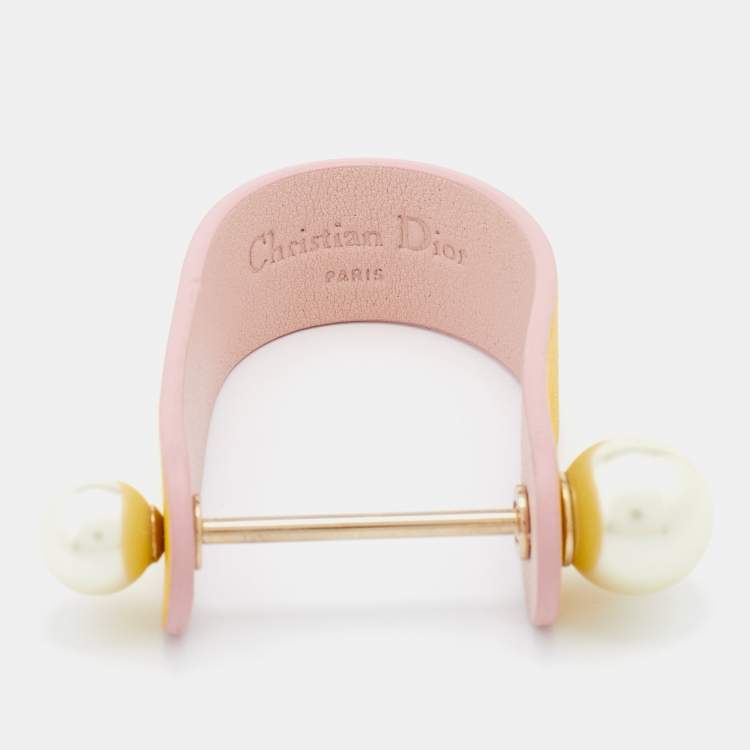 Pre Owned Dior Yellow Leather & Faux Pearl Perle Cuff Bracelet M