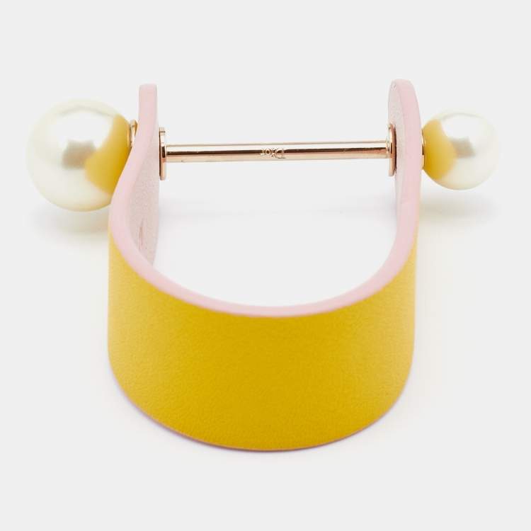 Pre Owned Dior Yellow Leather & Faux Pearl Perle Cuff Bracelet M