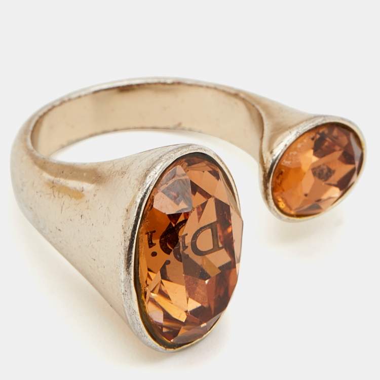 Pre Owned Dior Crystal Gold Tone Open Ring Size 50.5