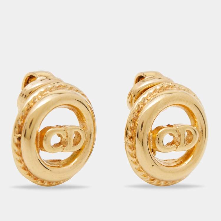 Pre Owned Dior Vintage Gold Tone CD Logo Clip On Earrings