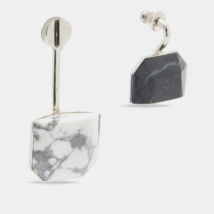 Pre Owned Dior Monotone Crystal & Howlite Asymmetric Drop Earrings