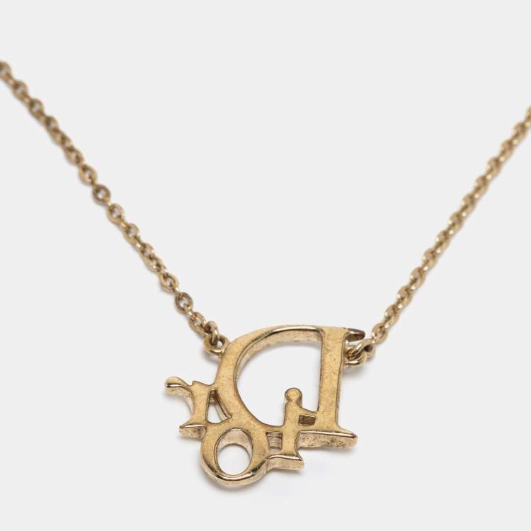 Pre Owned Dior Oblique Crystal Gold Tone Necklace