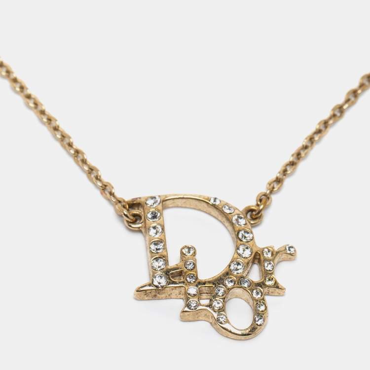 Pre Owned Dior Oblique Crystal Gold Tone Necklace