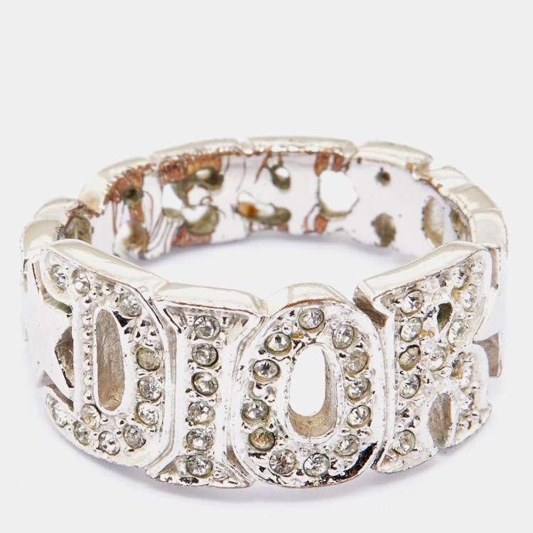Pre Owned Dior For Peace Silver Tone Crystal Embellished Band Ring Size 54
