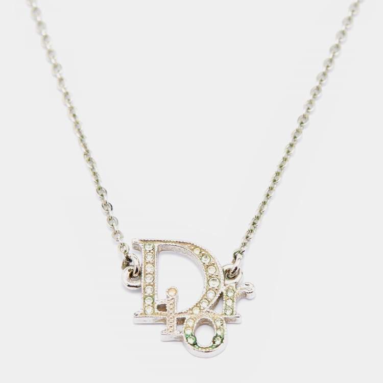 Pre Owned Dior Silver Tone Crystal Logo Earrings & Pendant Necklace