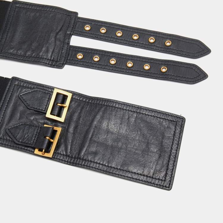 Pre Owned Dior Black Crinkled Leather and Stretch Band Saddle Belt 90 CM