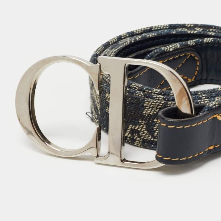 Pre Owned Dior Navy Blue Oblique Canvas and Leather Saddle Belt 85CM