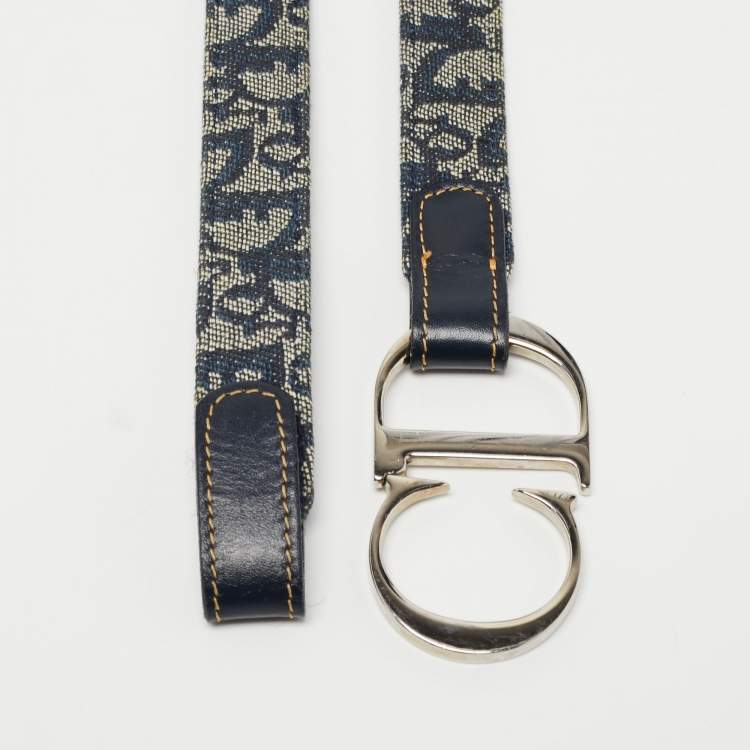 Pre Owned Dior Navy Blue Oblique Canvas and Leather Saddle Belt 85CM