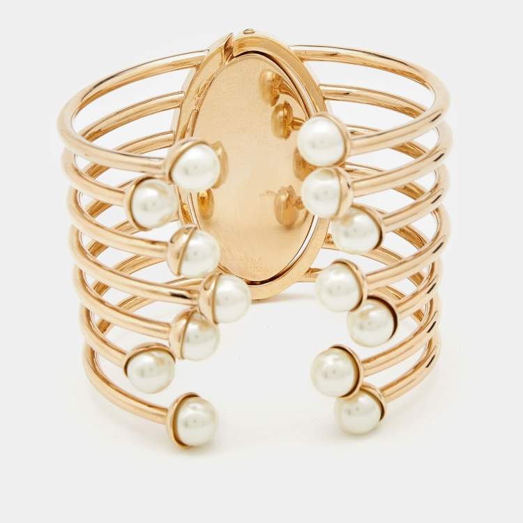 Pre Owned Dior Gold Tone & Faux Pearl Diorific Cuff Bracelet M
