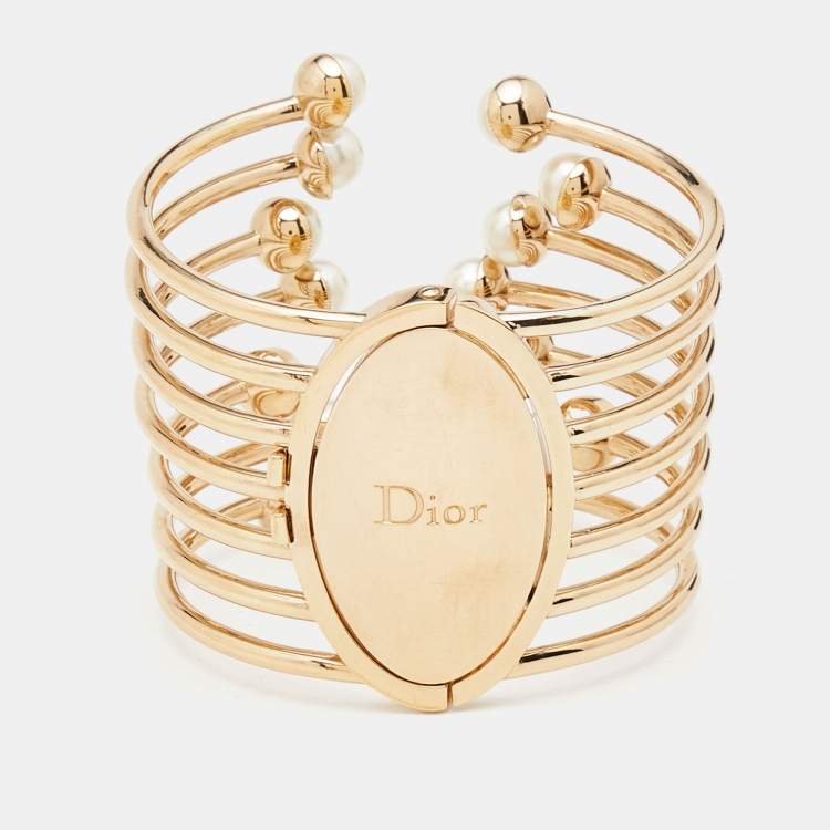 Pre Owned Dior Gold Tone & Faux Pearl Diorific Cuff Bracelet M