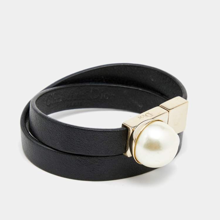 Pre Owned Christian Dior Black Leather Mise En Dior Double Wrap Bracelet