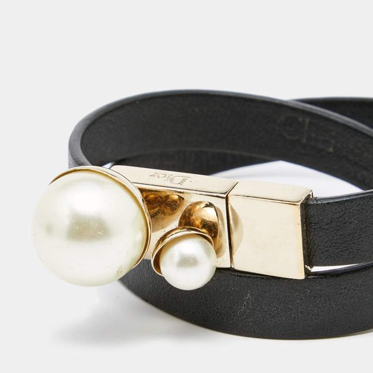 Pre Owned Christian Dior Black Leather Mise En Dior Double Wrap Bracelet