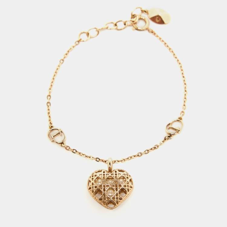 Pre Owned Dior Secret Cannage Heart Charm Gold Tone Bracelet