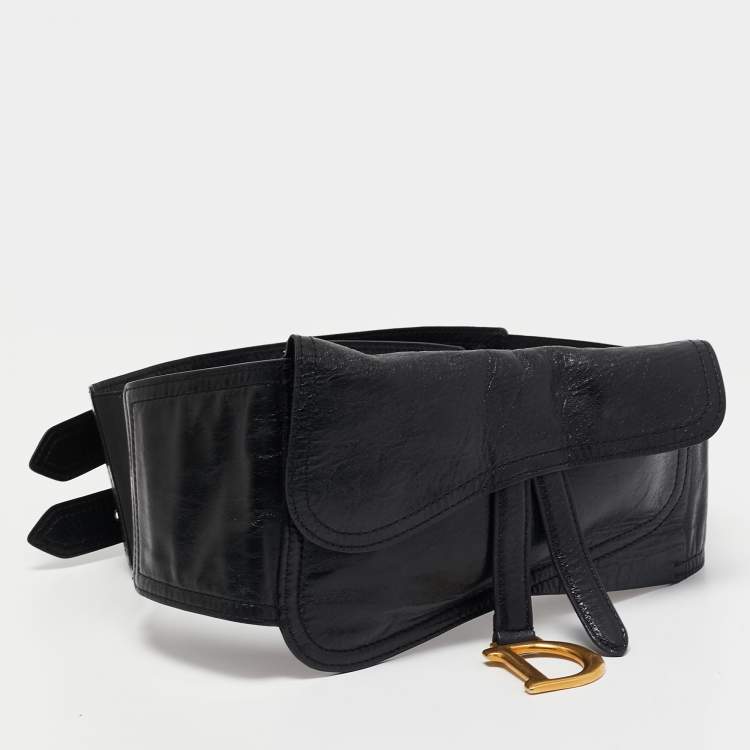 Pre Owned Dior Black Glossy Leather Saddle Wrap Belt