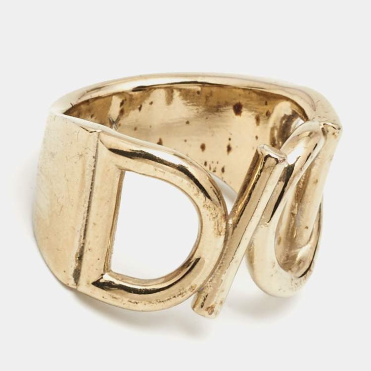 Pre Owned Dior Gold Tone Logo Ring Size EU 56