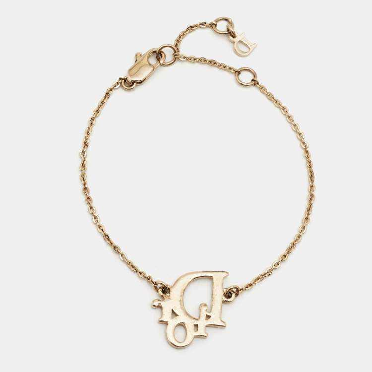 Pre Owned Dior Gold Tone Crystal Oblique Logo Bracelet