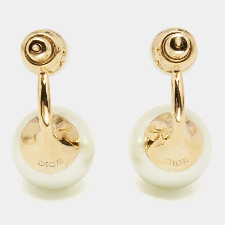 Pre Owned Dior Gold Tone CD Double Faux Pearl Earrings