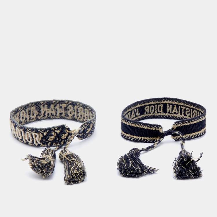 Pre Owned Dior J'adior Navy Blue Cotton Embroidered Dior Oblique Set of Two Bracelets