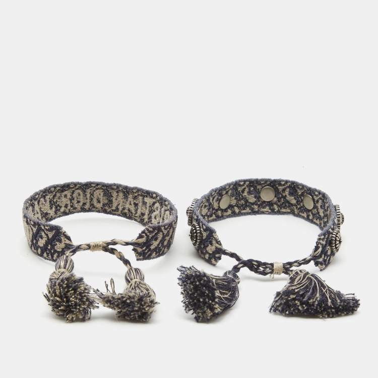 Pre Owned Dior Navy Blue J'adior Oblique Embroidered & Studded Bracelet Set of Two