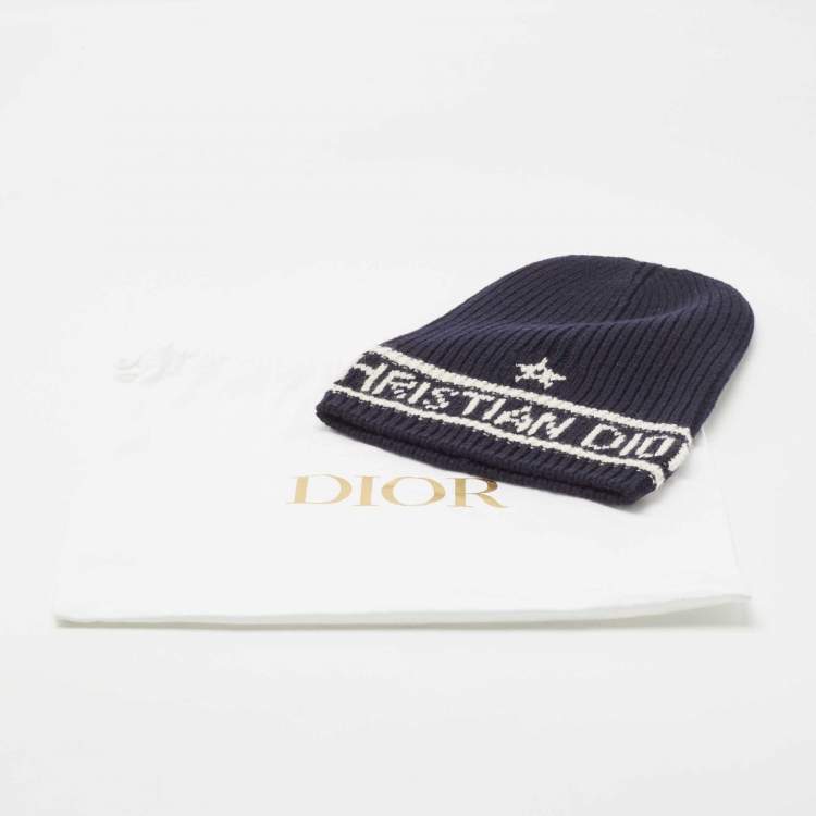 Pre Owned Dior Navy Blue Logo Wool & Cashmere Knit Beanie