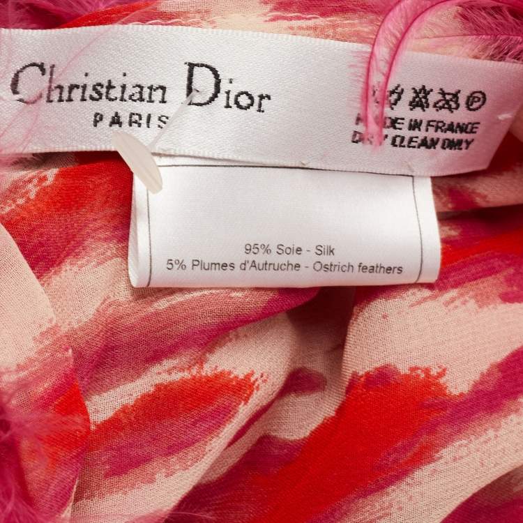 Pre Owned Dior Pink Printed Ostrich Feather Trim Silk Scarf