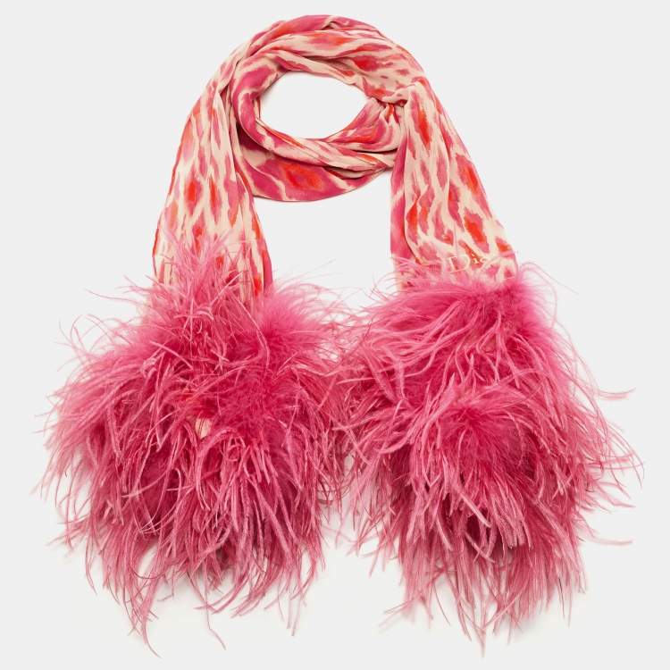 Pre Owned Dior Pink Printed Ostrich Feather Trim Silk Scarf