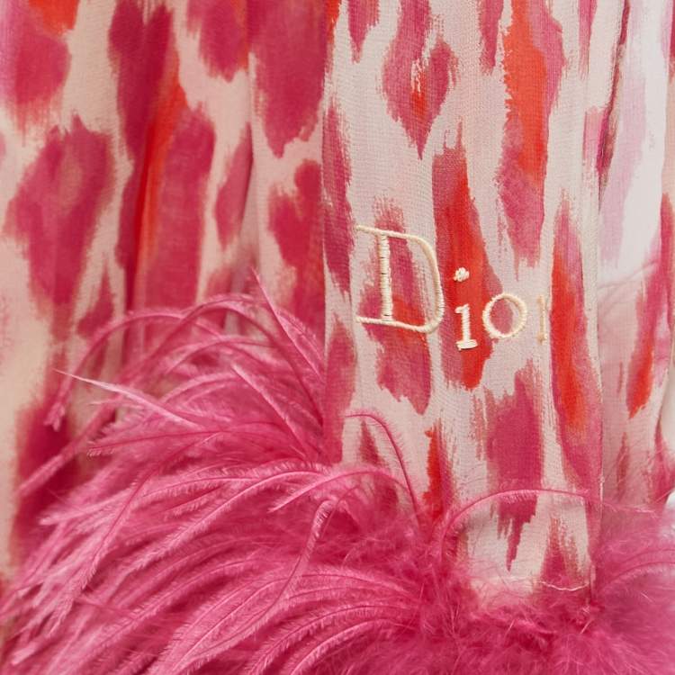 Pre Owned Dior Pink Printed Ostrich Feather Trim Silk Scarf
