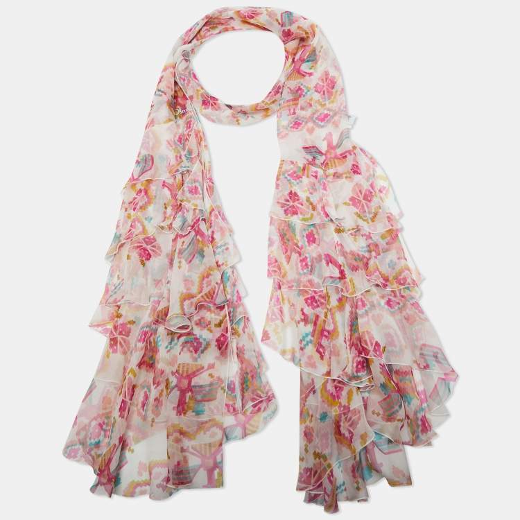 Pre Owned Dior Pink Aztec Print Silk Ruffled Scarf