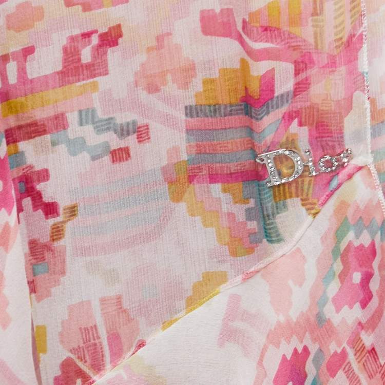 Pre Owned Dior Pink Aztec Print Silk Ruffled Scarf