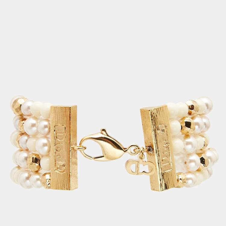 Pre Owned Dior Faux Pearl Beads Gold Tone Bracelet
