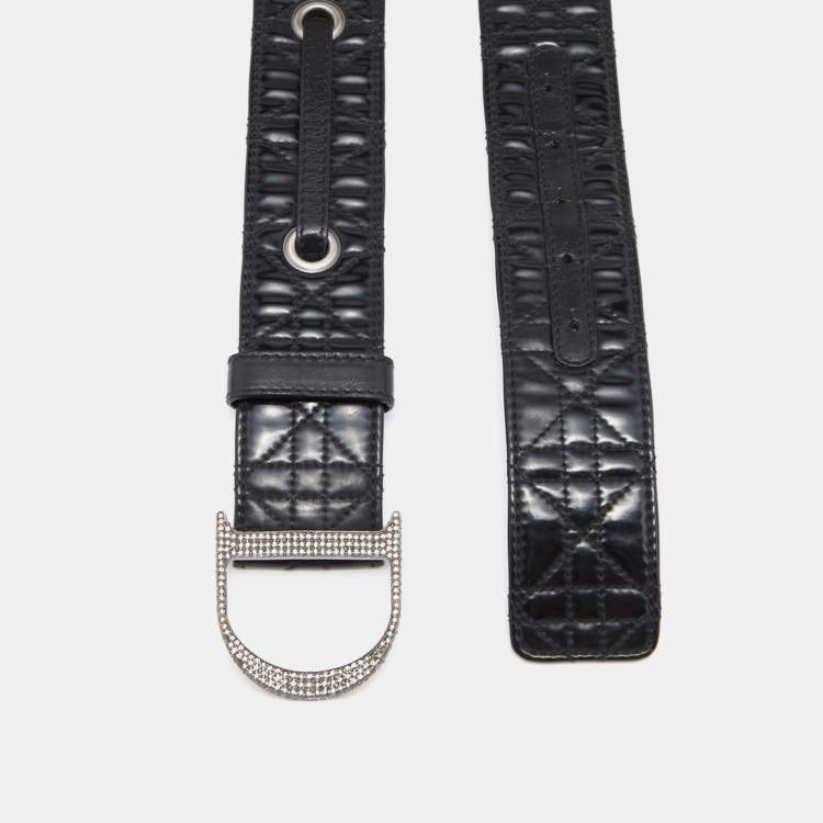 Pre Owned Dior Black Cannage Patent and Leather D Crystals Buckle Belt 90CM