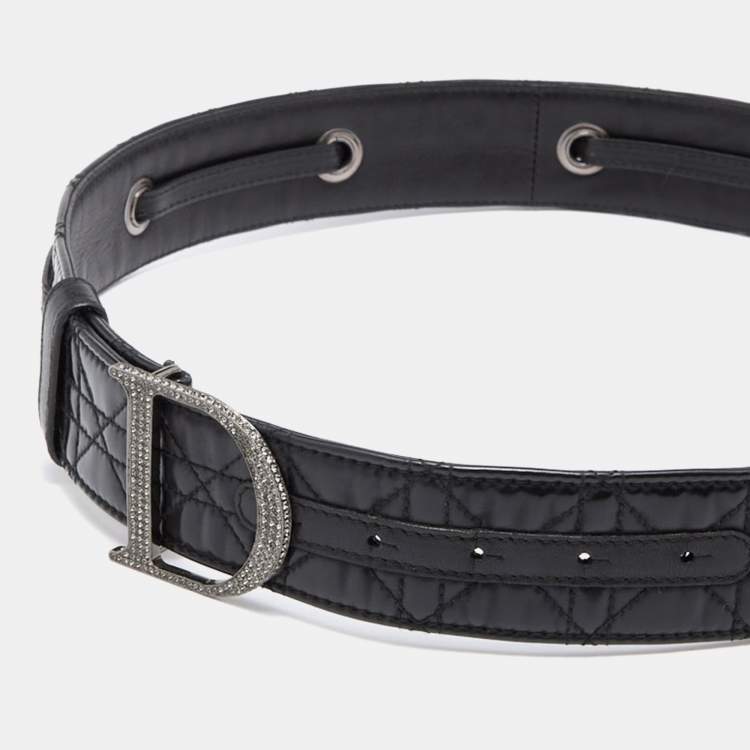 Pre Owned Dior Black Cannage Patent and Leather D Crystals Buckle Belt 90CM