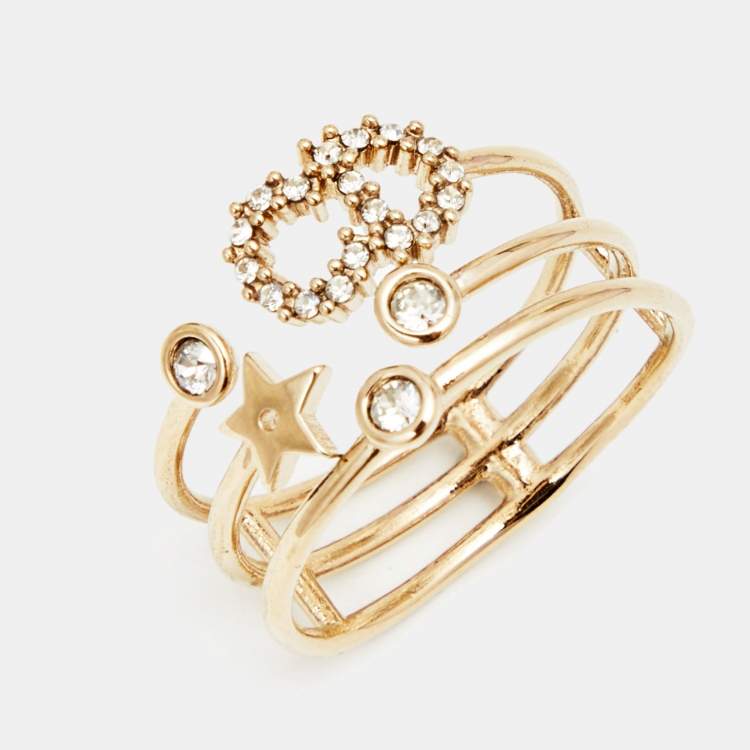 Pre Owned Dior CD Crystals Gold Tone Ring Size 56