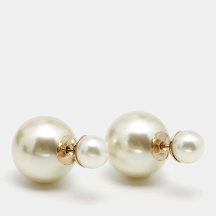 Pre Owned Dior Tribales Faux Pearl Gold Tone Stud Earrings