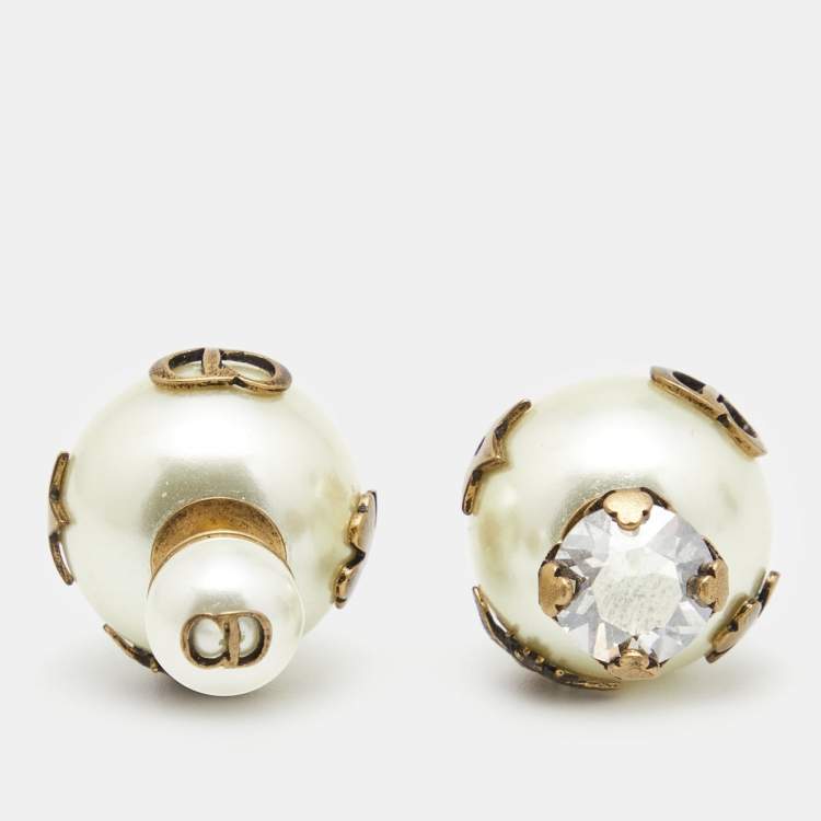 Pre Owned Dior Tribales Aged Gold Tone Faux Pearl Asymmetric Earrings