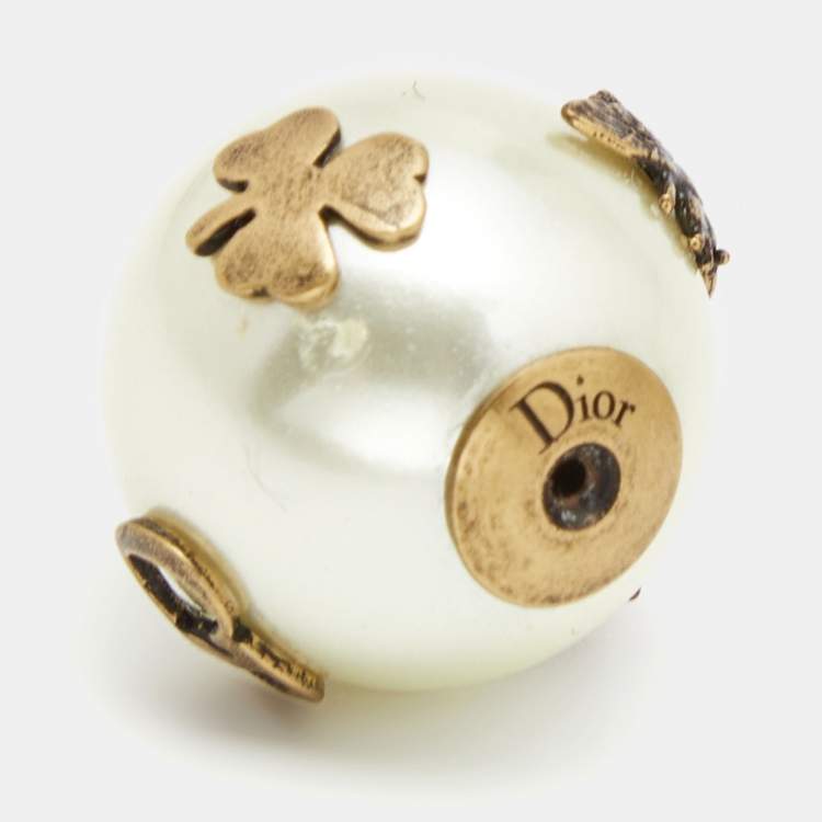 Pre Owned Dior Tribales Aged Gold Tone Faux Pearl Asymmetric Earrings