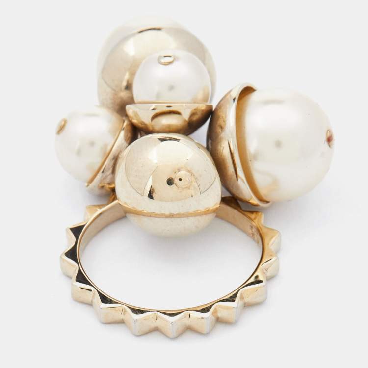 Pre Owned Dior Gold Tone Faux Pearl Charm Ring Size 56