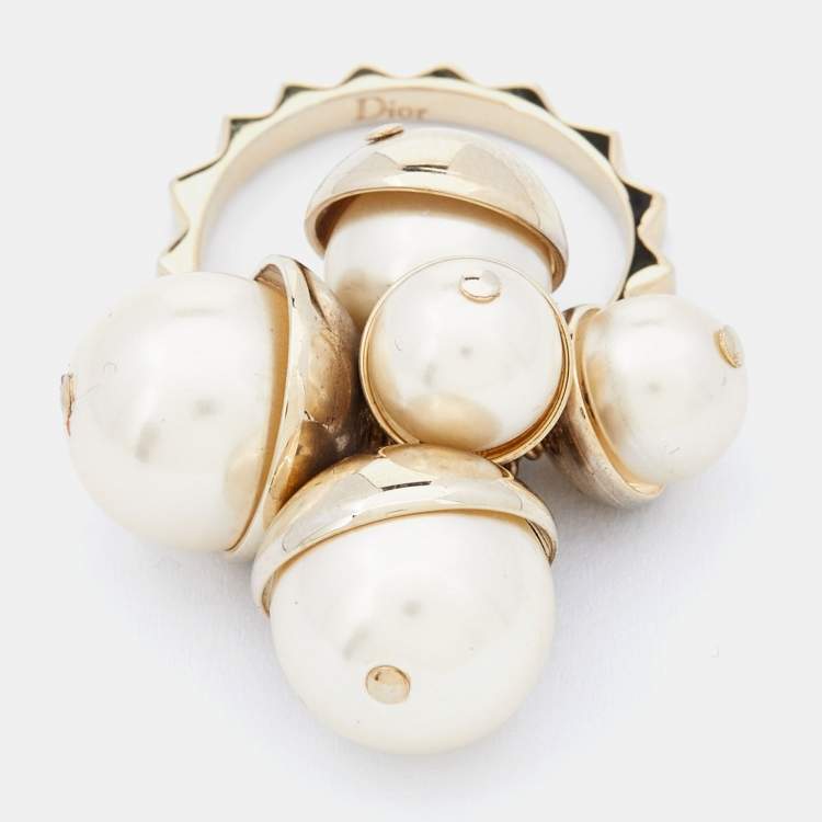 Pre Owned Dior Gold Tone Faux Pearl Charm Ring Size 56