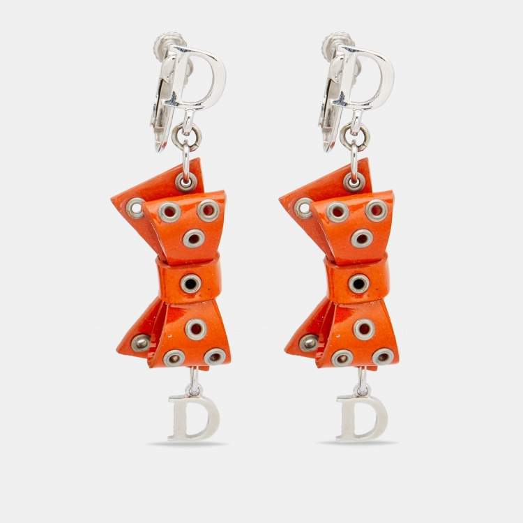 Pre Owned Dior Orange Bow Patent Leather Drop Earrings