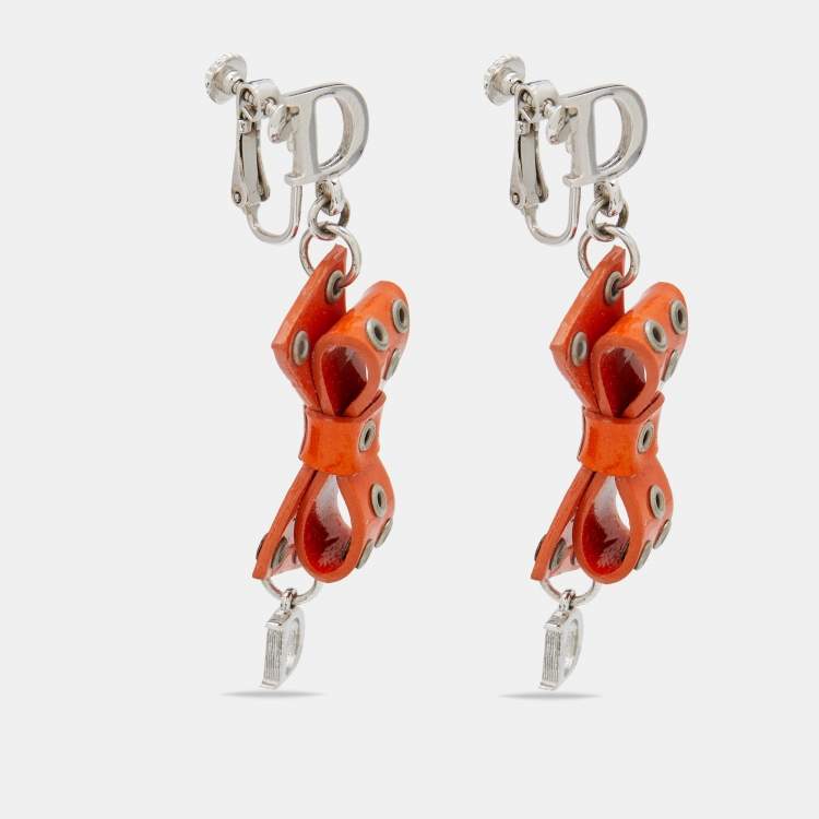 Pre Owned Dior Orange Bow Patent Leather Drop Earrings