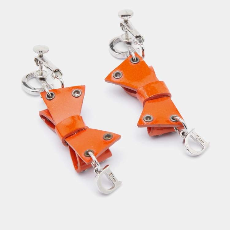 Pre Owned Dior Orange Bow Patent Leather Drop Earrings