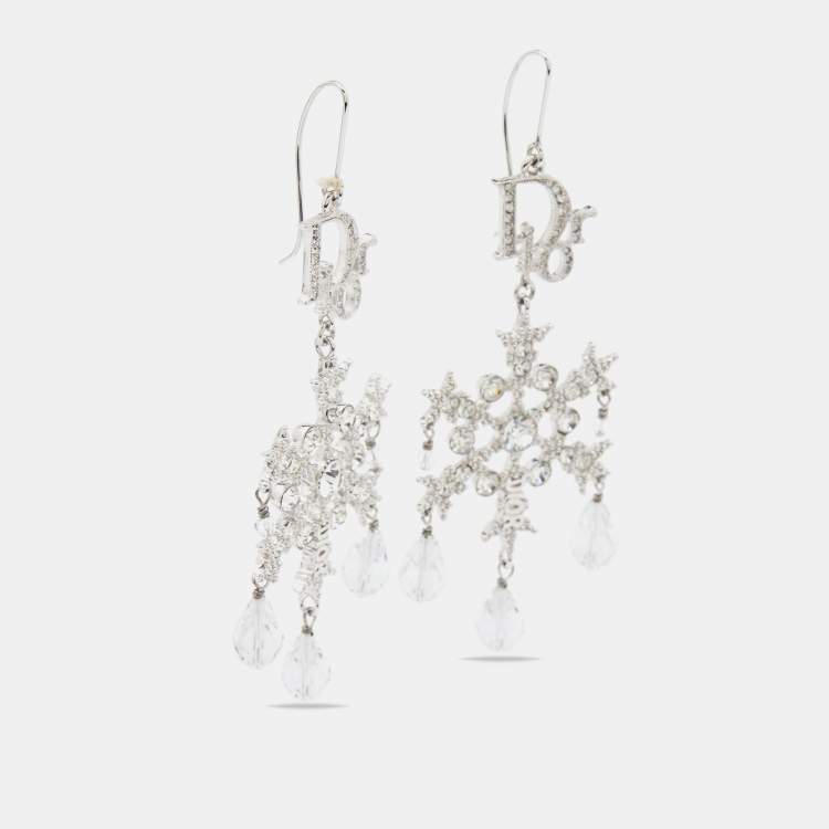 Pre Owned Dior Silver Tone Crystal Snowflake Drop Earrings