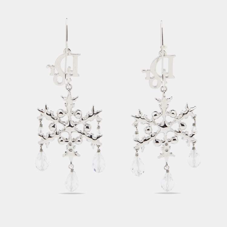 Pre Owned Dior Silver Tone Crystal Snowflake Drop Earrings
