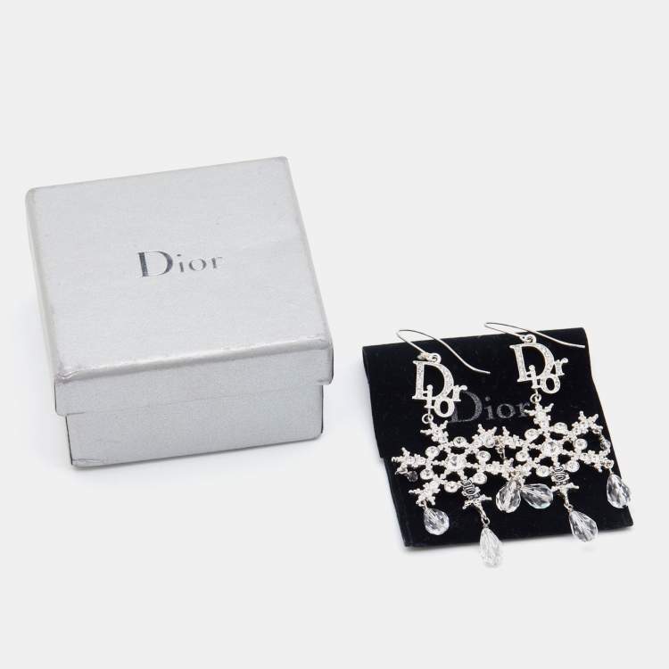 Pre Owned Dior Silver Tone Crystal Snowflake Drop Earrings