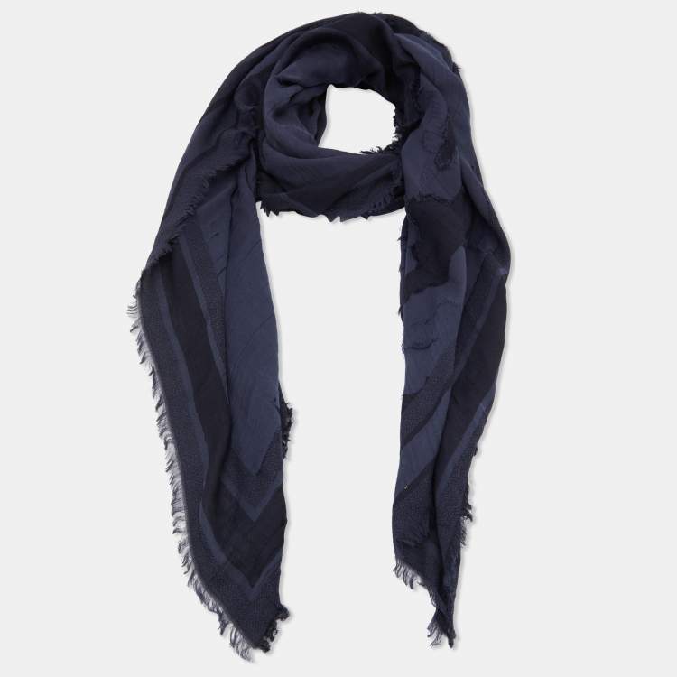 Pre Owned Dior Navy Blue Paint Pattern Cotton Fringed Shawl