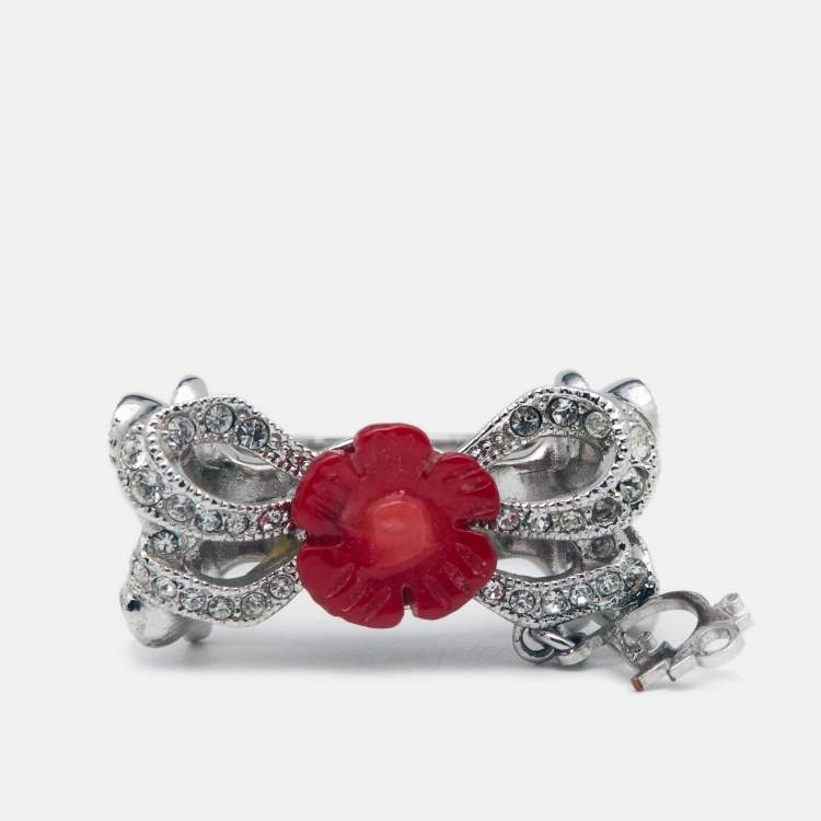 Pre Owned Dior Silver Tone Floral Resin Crystal Bow Detail Jewelery Set