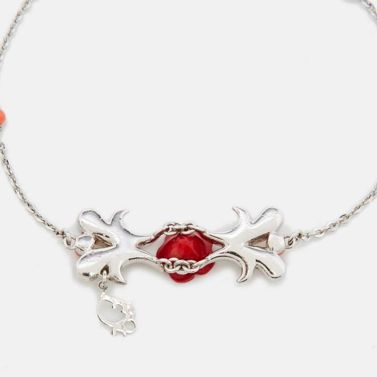 Pre Owned Dior Silver Tone Floral Resin Crystal Bow Detail Jewelery Set